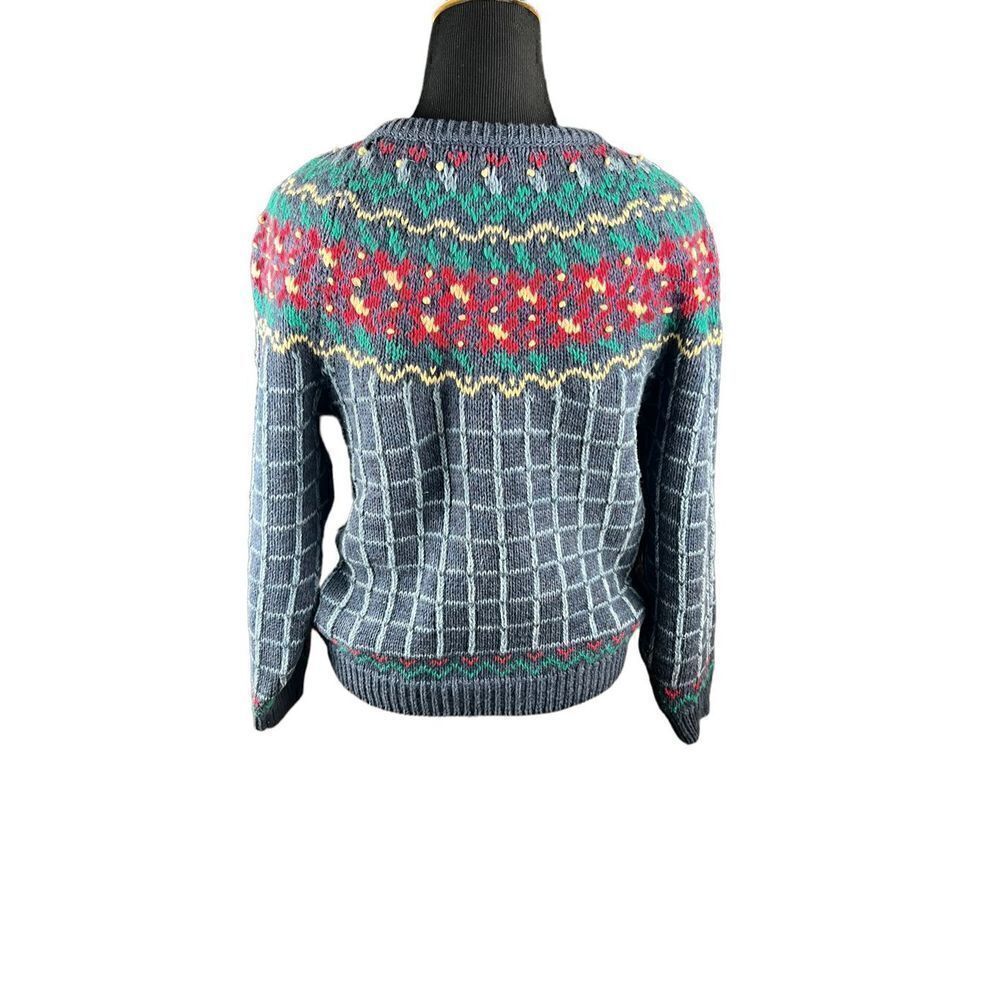 vintage northern isles hand embroidered sweater blue fair isle cottagecore L